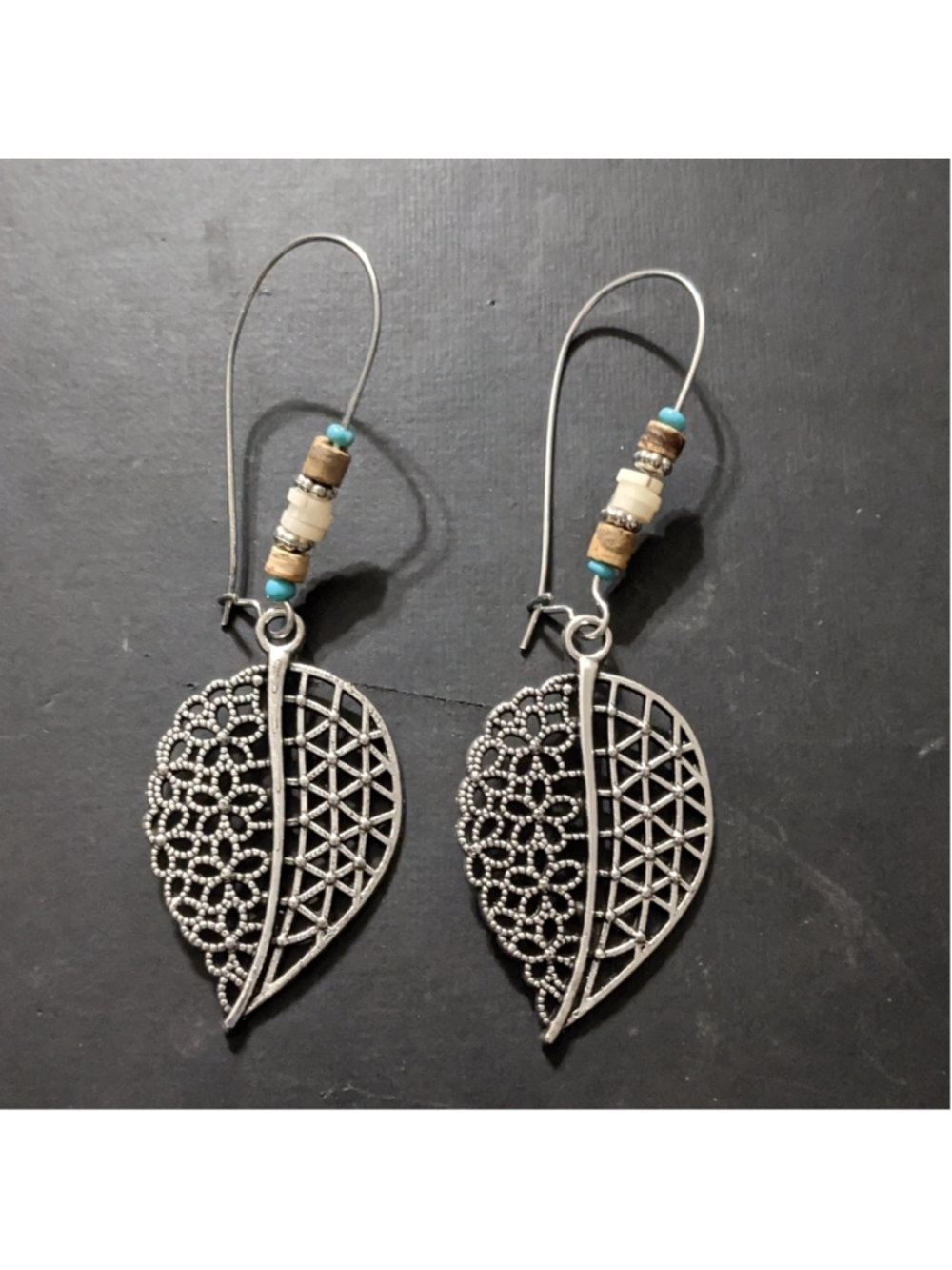 Silver Tone Filagree Leaf Feather Floral Beaded Dangle Drop Statement Earrings